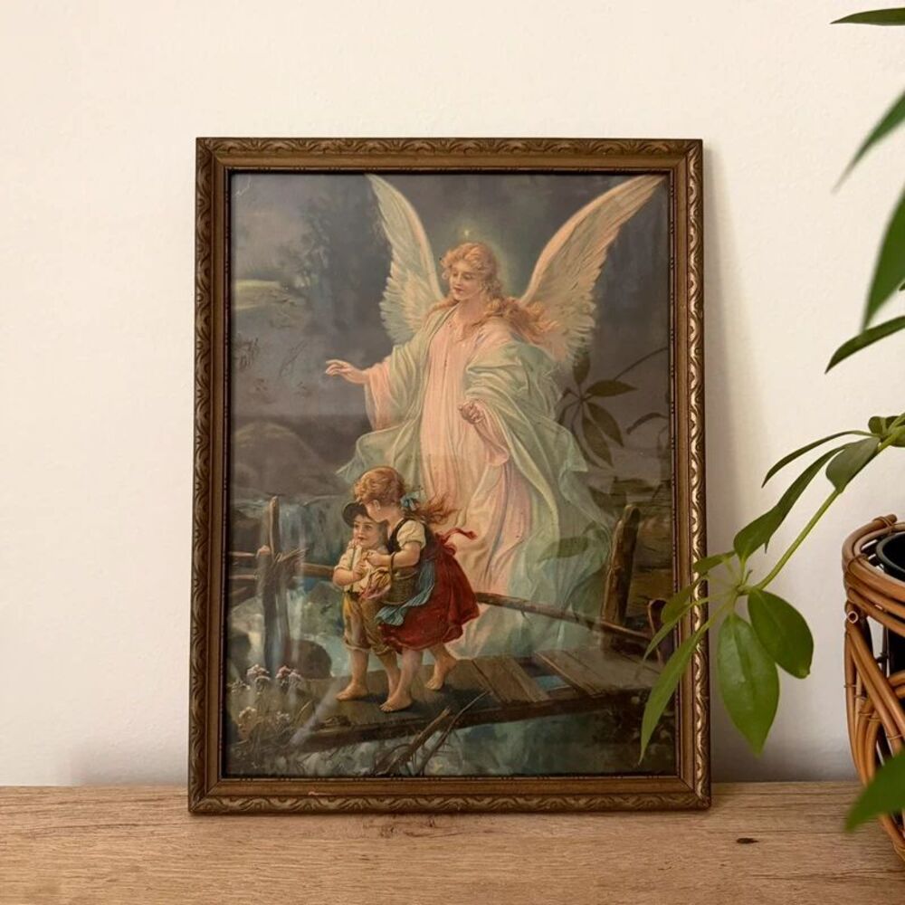 Vintage Guardian Angel Children Crossing Bridge Print Framed Wall Art 13x10 READ